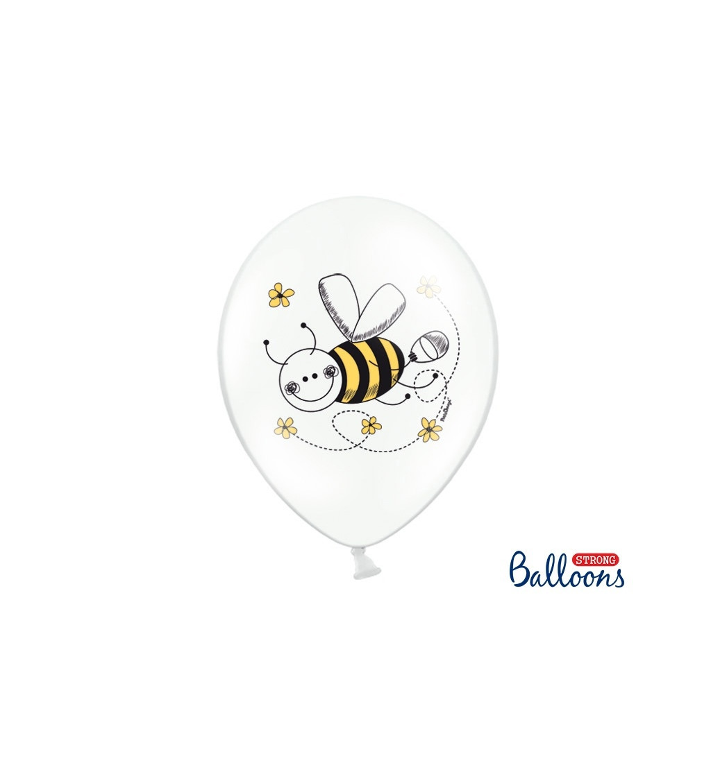 Balónek pastelový bílý/žlutý - včelka - 6 ks