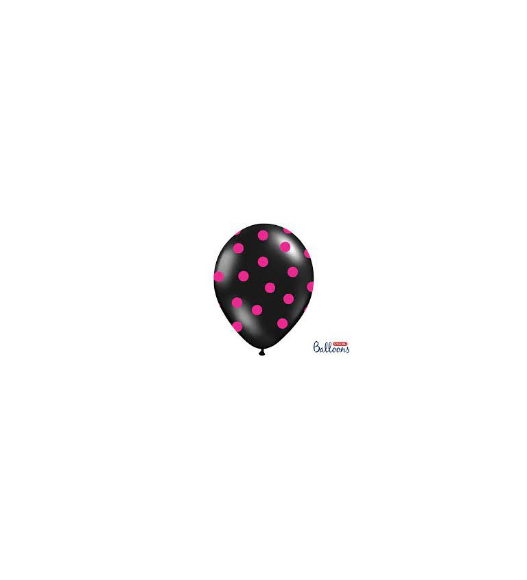 Balónek pastelový černý - růžové puntíky - 6 ks
