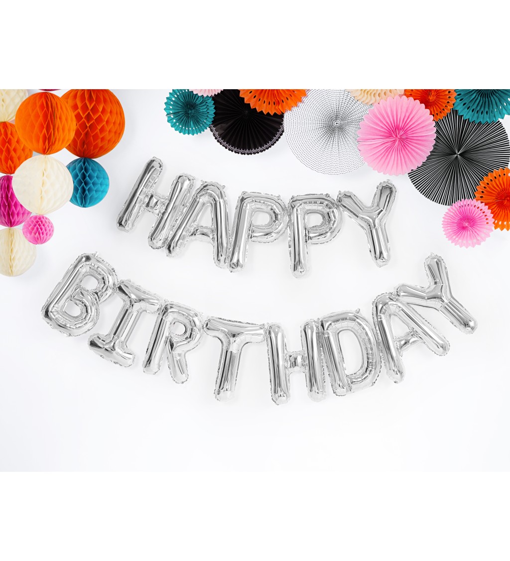 Metalický balónek fóliový - Happy Birthday, stříbrný