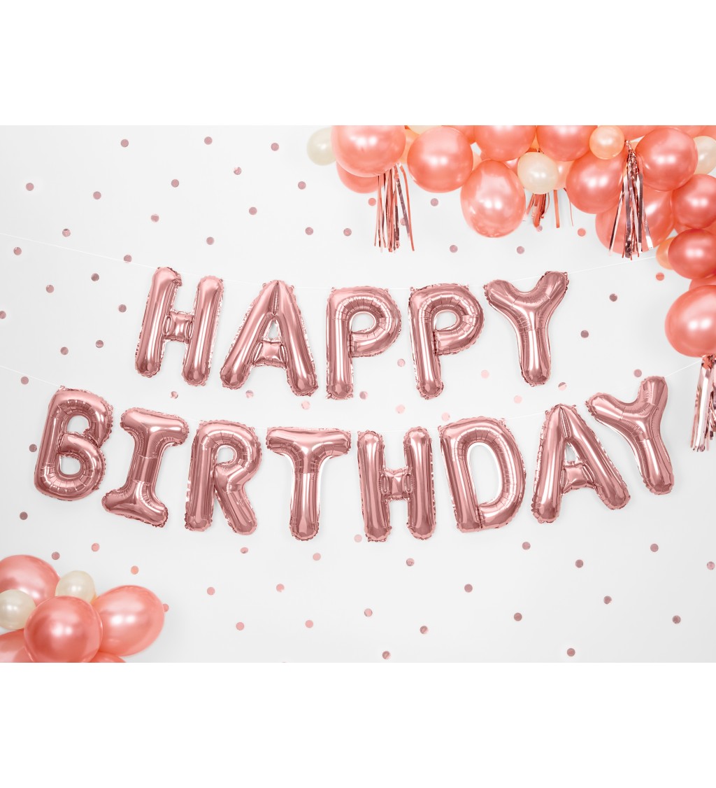 Metalický balónek fóliový - Happy Birthday, rose gold