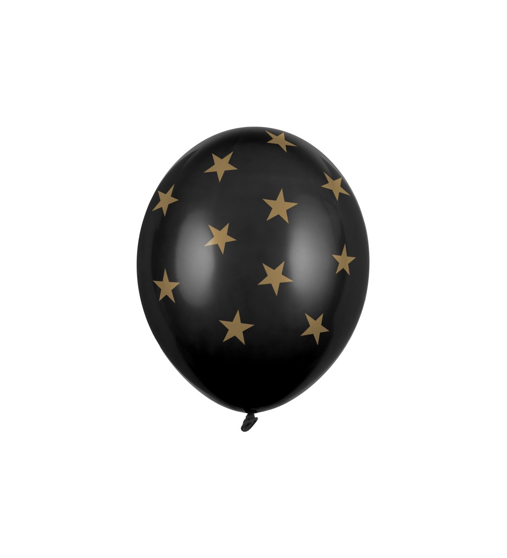 Balónek pastelový černý - zlaté hvězdy - 6 ks