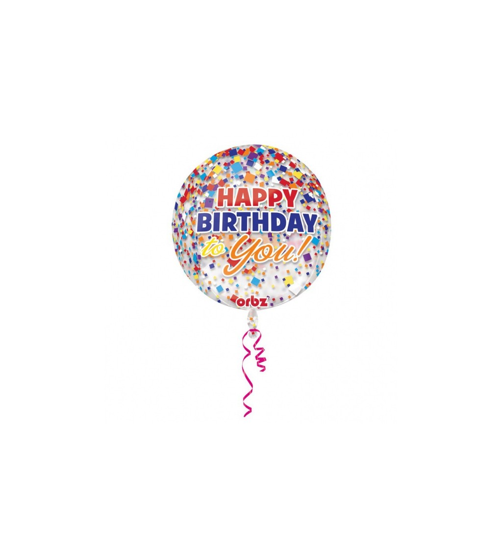 Fóliový kulatý balónek Happy Birthday s konfetami