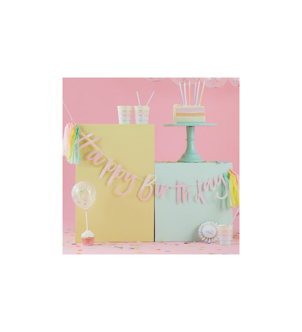 Girlanda Happy Birthday - pastelová se střapci