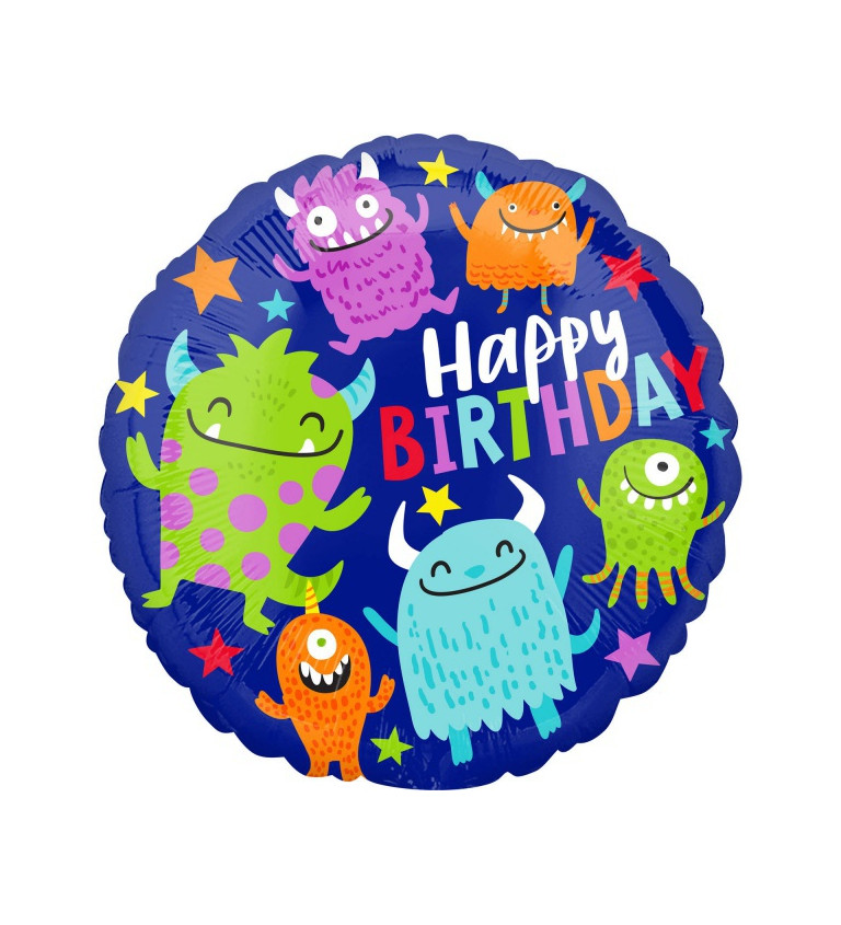 Fóliový balónek Happy Birthday s příšerkami